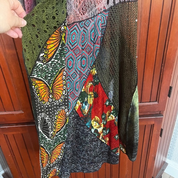 Dor Dor Couture Green Multi Mixed Media Artsy Sleeveless Sweater Cardigan Sz M - Picture 7 of 9